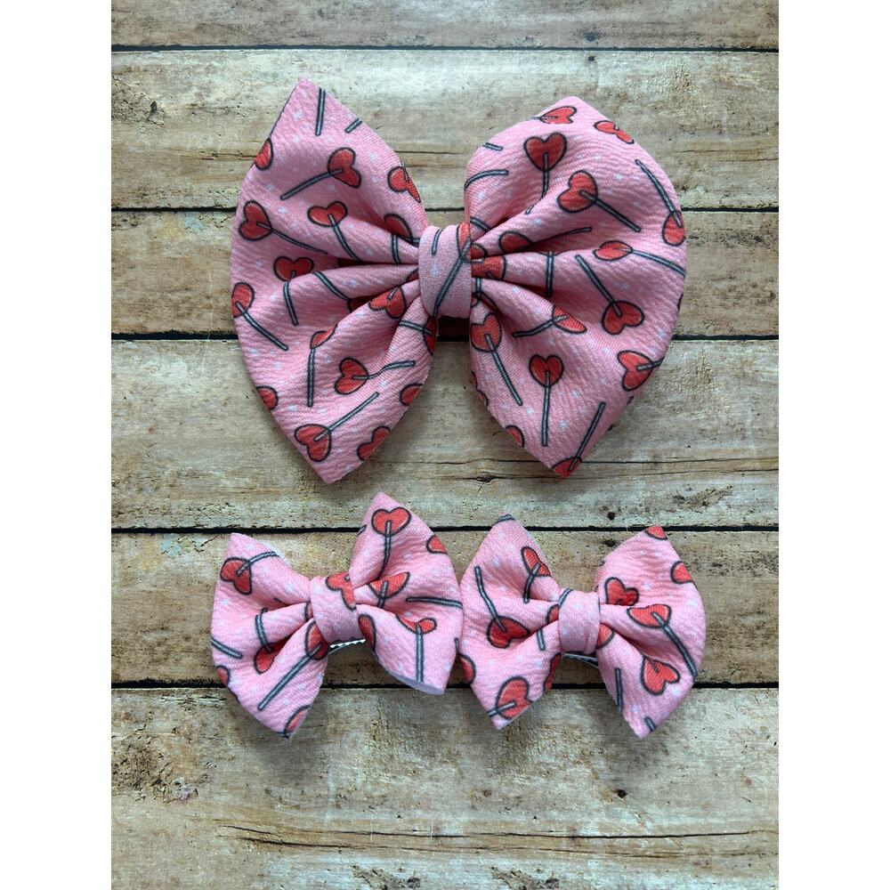 Boutique Heart Lollipop 5" Bow on Clip and Pigtail Bow Set Valentine's Day NWOT